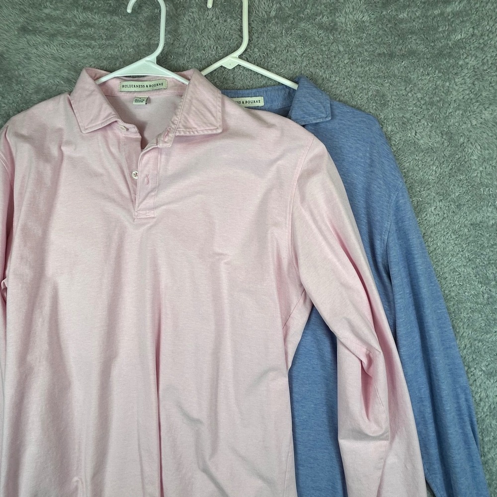 Holderness & Bourne Mens Tailored Fit Long Sleeve Polo Shirt Lot 2 Pink Blue L